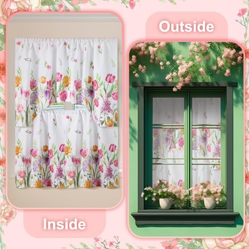 Ganeen 3 Pcs Summer Tulip Kitchen Curtain Set with Valance