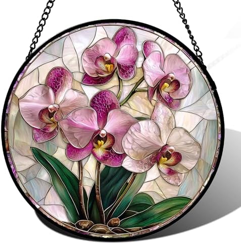 Stained Glass Window Hanging - 15 in Pink Purple Phalaenopsis Flowers