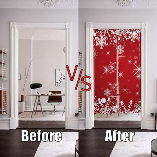 Japanese Noren Door Curtain with Christmas Red and Snowflake Pattern
