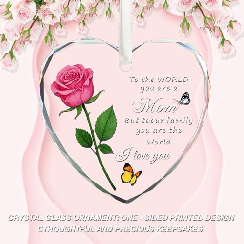 Heart Shaped Glass Christmas Ornament for Mom Pink Rose Design