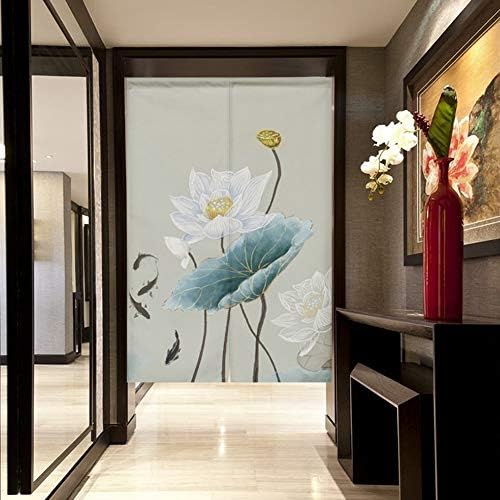 BAIHT HOME Japanese Curtain Cotton Linen Door Panel White Lotus Design