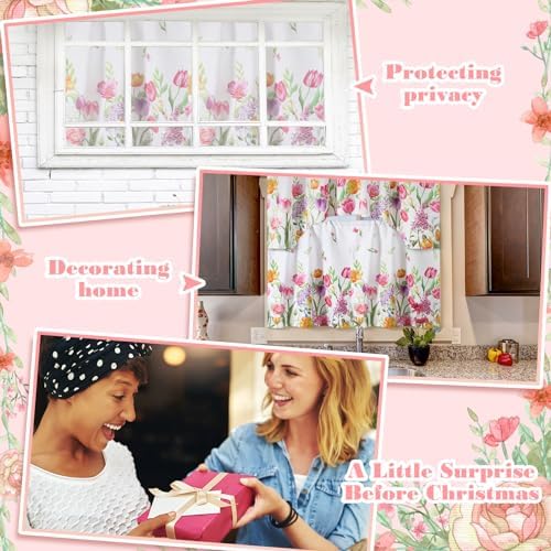 Ganeen 3 Pcs Summer Tulip Kitchen Curtain Set with Valance