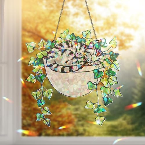 Whimsical Stained Glass Cat Hanging Ornament