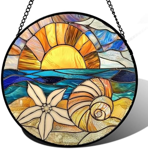 Stained Glass Window Hanging - Gold Sun Blue Sea Suncatcher 15 in
