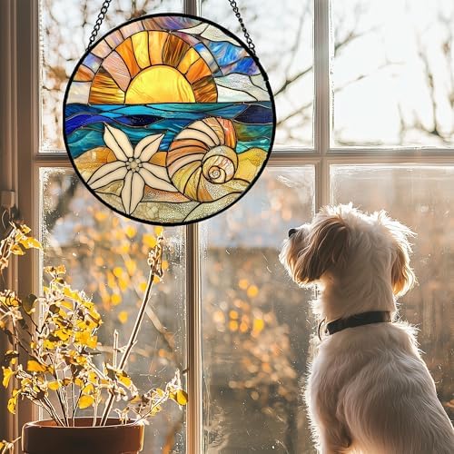 Stained Glass Window Hanging - Gold Sun Blue Sea Suncatcher 15 in