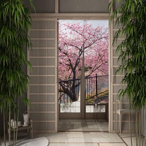 Leowefowa Japanese Noren Curtain Spring Pink Cherry Blossom Long