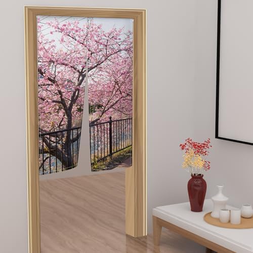Leowefowa Japanese Noren Curtain Spring Pink Cherry Blossom Long