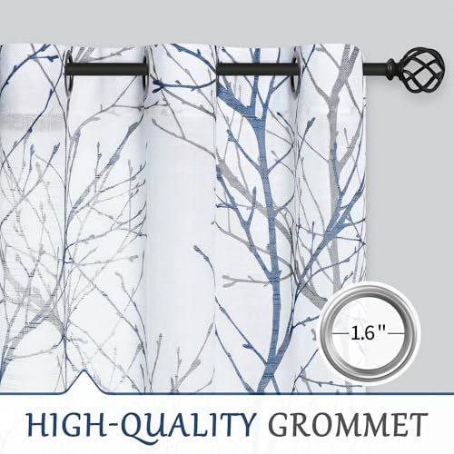 FMFUNCTEX Blue White Branch Tree Print Curtain Panel