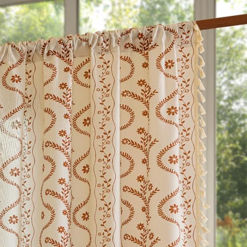Linen Boho Curtains with Tassels and Floral Pattern