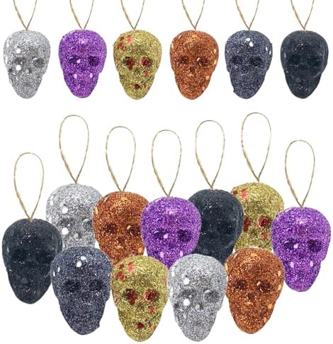 Halloween Glitter Skull Hanging Ornaments 24 Pack