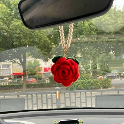WAYUTO 2Pcs Pink Red Rose Crochet Car Hanging Decor