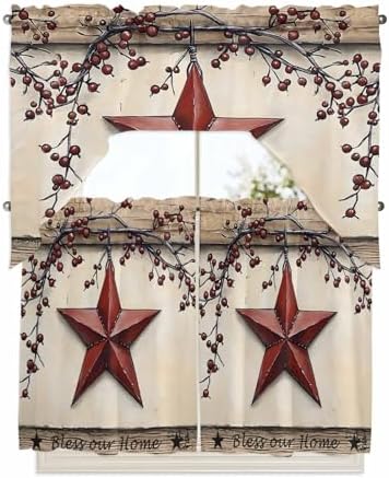 Red Texas Star Rustic Kitchen Curtain Set 3 Piece