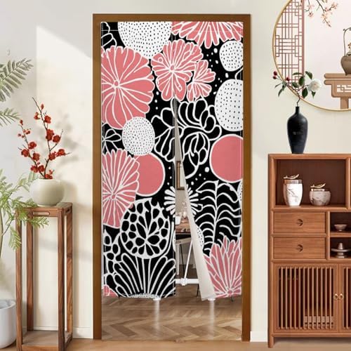 Traditional Japanese Noren Door Curtain Black Pink Flowers 283x472