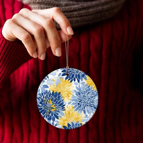 Blue Yellow Chrysanthemum Ceramic Pendant Hanging Ornament for Christmas Tree