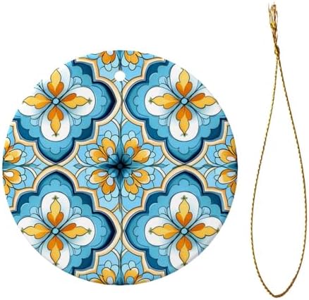 Christmas Ornaments Blue Yellow Quatrefoil Round Ceramic Pendant Decor