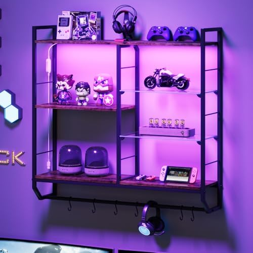 EYOCAL Gaming Floating Shelves with LED Lights and Glass Rack