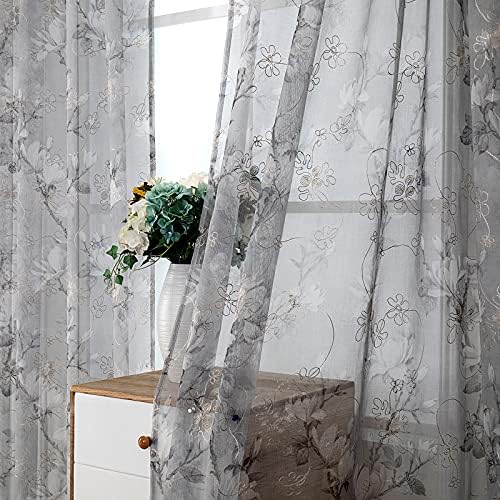 Tollpiz Floral Grey Sheer Curtains with Vine Embroidery