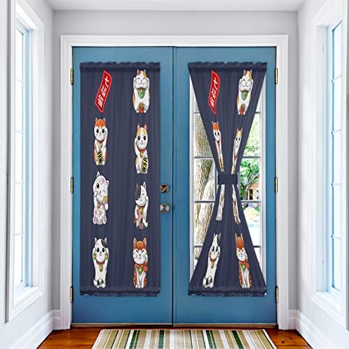 Japanese Noren Door Curtains With Double Rod Pocket Lucky Cats Blue
