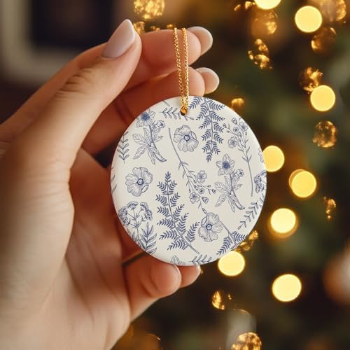 Blue Flowers Christmas Ornament - Chinoiserie Design Ceramic Decor