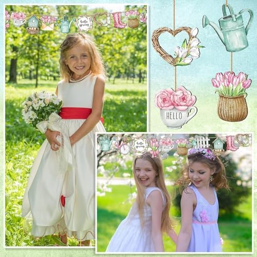 24 Pcs Spring Floral Wooden Ornaments with Rope