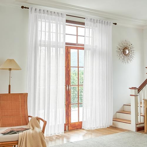 DUALIFE White Linen Sheer Curtains 84x96 for Wide Windows