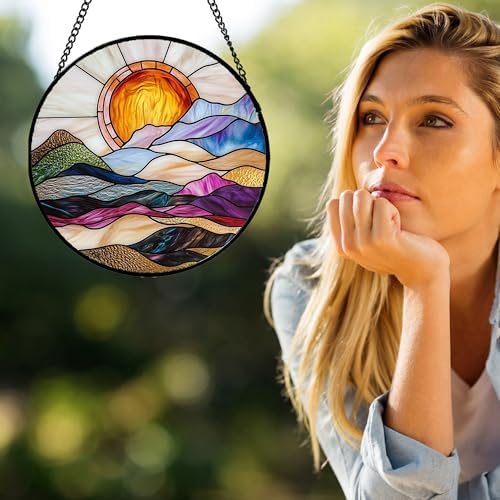 Golden Sun Abstract Landscape Stained Glass Window Hanging