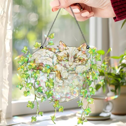 Whimsical Stained Glass Cat Sun Catcher for Home Decor