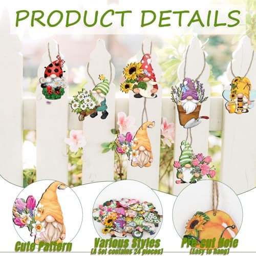 Spring Hanging Ornament Gnomes Flowers Wooden Decor 24 Pack