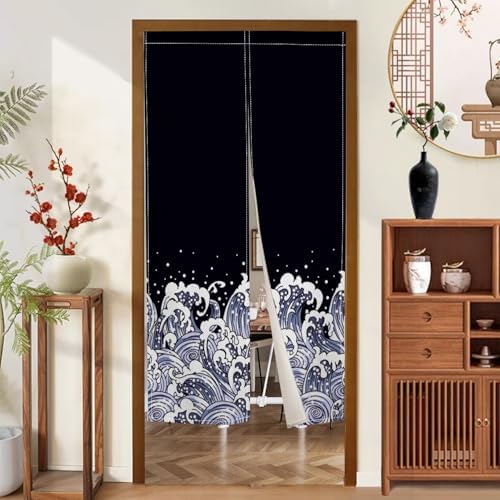 Noren Doorway Curtain with Navy Blue Waves Pattern