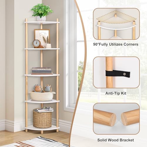 YGYQZ 5 Tier Corner Bookshelf Stand - Narrow Stable Rustic Style