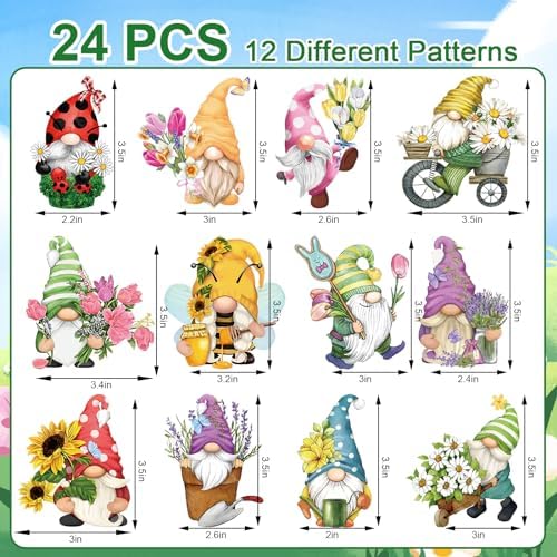 Spring Hanging Ornament Gnomes Flowers Wooden Decor 24 Pack