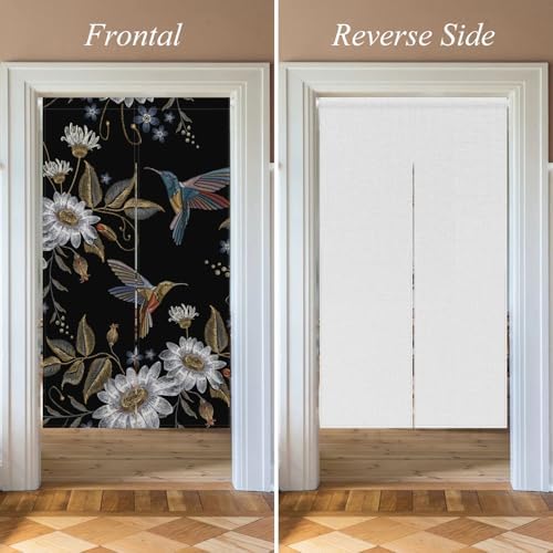 Japanese Noren Door Curtain with Blooming Flowers and Birds Pattern