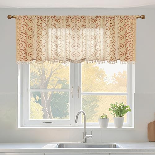 Linen Boho Curtains with Tassels and Floral Pattern