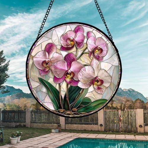 Stained Glass Window Hanging - 15 in Pink Purple Phalaenopsis Flowers