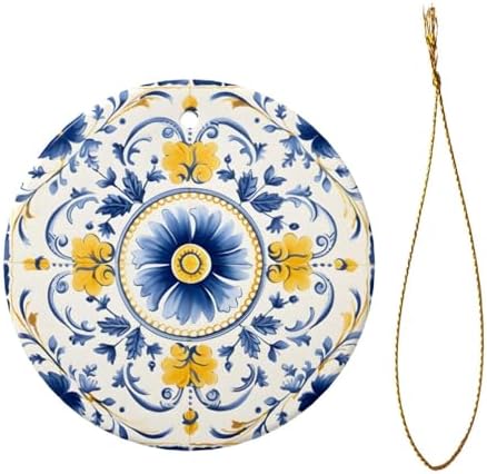 DXTKWL Christmas Ornaments Blue Yellow Ceramic Round Pendant Hanging Decorations