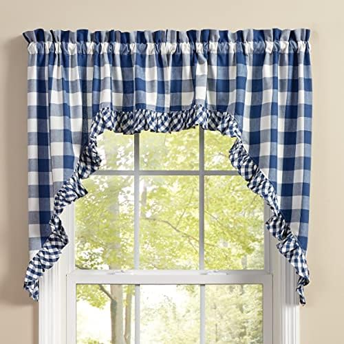 Park Designs Buffalo Check Ruffled Swags - China Blue 72x36 Unlined Curtains