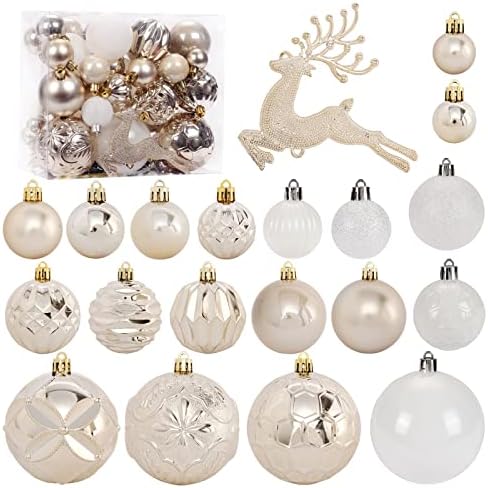 Christmas Tree Ornaments Set 50ct Shatterproof Champagne and White Balls