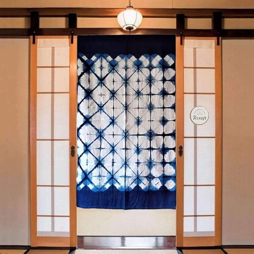 Hand Dyed Shibori Noren Curtain Panels - Geometric Indigo Design 335x59in