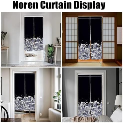 Noren Doorway Curtain with Navy Blue Waves Pattern