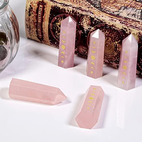 Set of 4 Engraved Moon Phase Crystal Wands for Reiki and Meditation