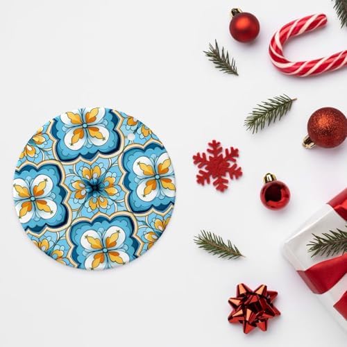Christmas Ornaments Blue Yellow Quatrefoil Round Ceramic Pendant Decor