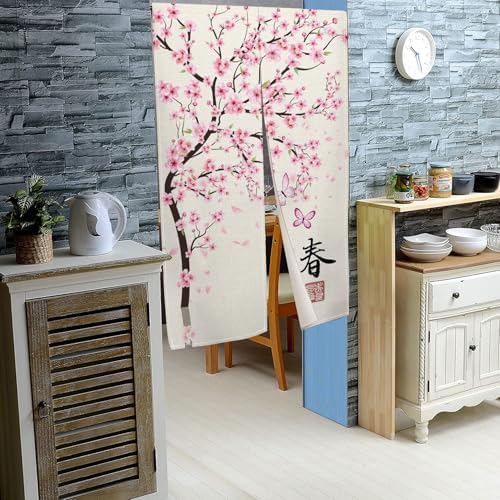Leowefowa Japanese Noren Door Curtain Pink Cherry Blossom Design
