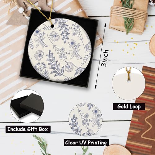 Blue Flowers Christmas Ornament - Chinoiserie Design Ceramic Decor