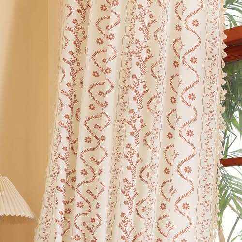 Linen Boho Curtains with Tassels and Floral Pattern