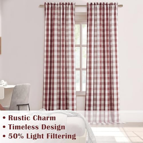 Red White Buffalo Check Window Curtain Panel 54 Inch Long