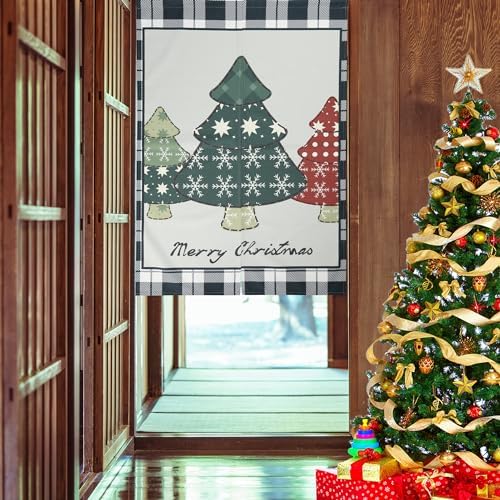 Japanese Xmas Noren Door Curtain Tapestry Black Buffalo Checker Pines 33x47inches