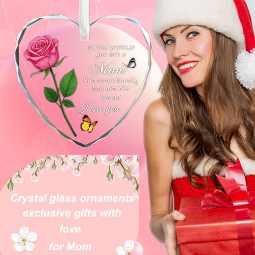 Heart Shaped Glass Christmas Ornament for Mom Pink Rose Design