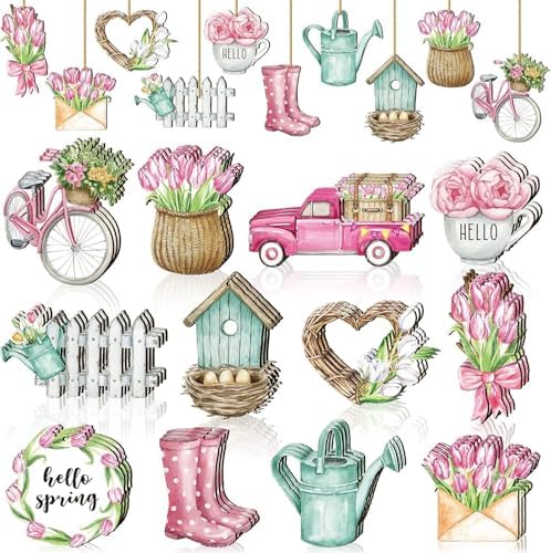 24 Pcs Spring Floral Wooden Ornaments with Rope