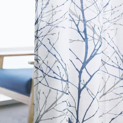 FMFUNCTEX Blue White Branch Tree Print Curtain Panel