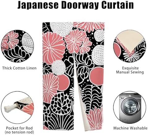 Traditional Japanese Noren Door Curtain Black Pink Flowers 283x472